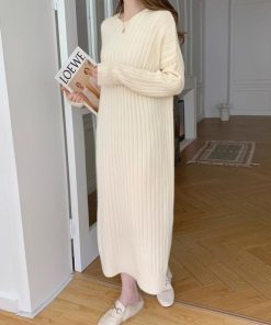 ニットワンピース | ワンピース 秋冬 太めリブニット ロングワンピース ミモレ丈 無地 フード付き 帽子 ストレッチ 大人 セーター 50代 長袖 20代30代 アウター