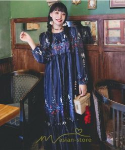 マキシ | ロングワンピース レディース  夏 秋 リゾート ルームワンピース 長袖 ゆったり ロング丈 旅行用 バブルスリーブ かわいい 後ボタン付き レトロ風 丸首