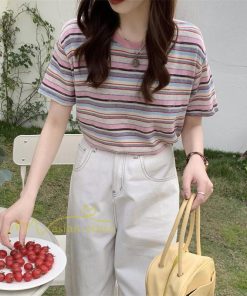 ｔシャツ・カットソー | Tシャツ レディース 40代 春夏 オシャレブラウス 韓国風 チュニック 半袖Tシャツ ストライプ柄 通勤通学 カジュアル アウター ゆったり 着痩せ お出かけ 丸首