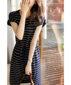 ミディアム | ワンピース レディース 夏服 綿ワンピース Aライン クルーネック 半袖 コットン おしゃれ キレイめ ウエストリボン付き 膝丈 ボーダー