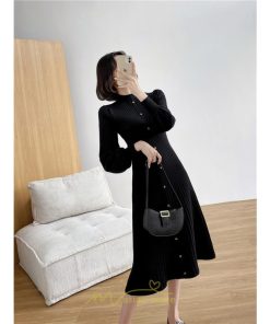 ニットワンピース | レディース 冬 きれいめ ニットフレア ロング おしゃれ ハイネック パフスリーブ 着痩せ エレガント おしゃれ フェミニン 送料無料 可愛い