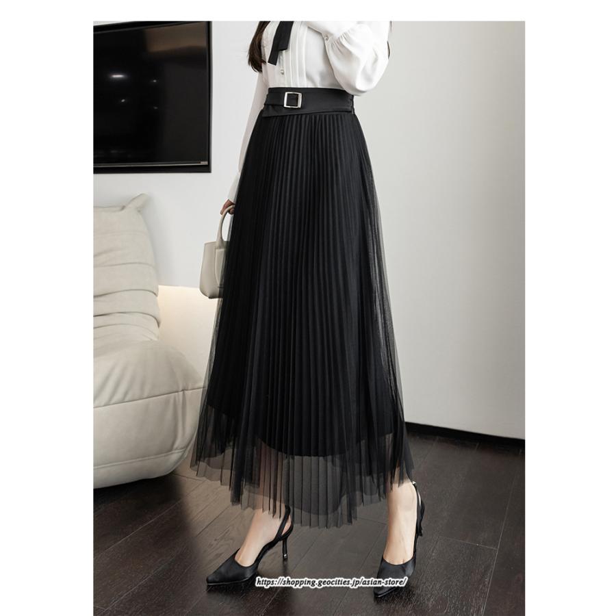 スカート | レディース 春秋 チュール美脚 プリーツロングAライン 体型カバー ボトムス おしゃれ 大人 通勤 お出かけ オシャレ