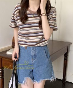 ｔシャツ・カットソー | Tシャツ レディース 40代 春夏 オシャレブラウス 韓国風 チュニック 半袖Tシャツ ストライプ柄 通勤通学 カジュアル アウター ゆったり 着痩せ お出かけ 丸首