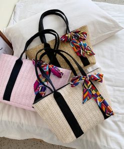 ハンドバッグ | 草編みバッグ リボン スカーフ付き かごバッグ 手提げバッグ レディース ストローバッグ 大容量 トートバッグ ハンドバッグ