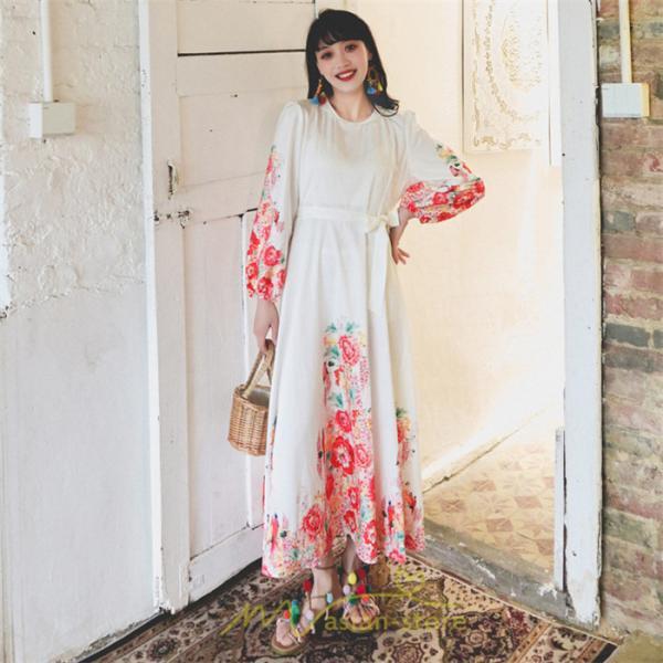 マキシ | ワンピース 長袖 夏 秋 レディース シフォン きれいめ ロング リゾート 体型カバー イベント デート 女子会 エスニック風 旅行 楽ちん 外出 ジャーニー