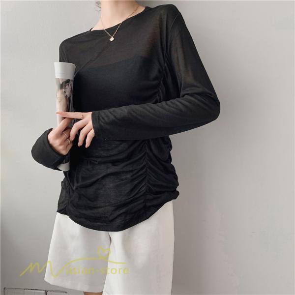 tシャツ・カットソー | Tシャツ Tシャツ レディース 無地 長袖 トップス カジュアルTシャツ おしゃれ クルーネック 秋服 夏秋 インナー 日常感 大きいサイズ 薄手 タック ゆったり 上品