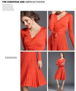 ミディアム | ワンピース レディース ひざ丈ワンピ フレアワンピース Ｖネック 長袖 体型カバー ワンピース 通勤 二次会 カジュアル パーティー 上品 リボン付き