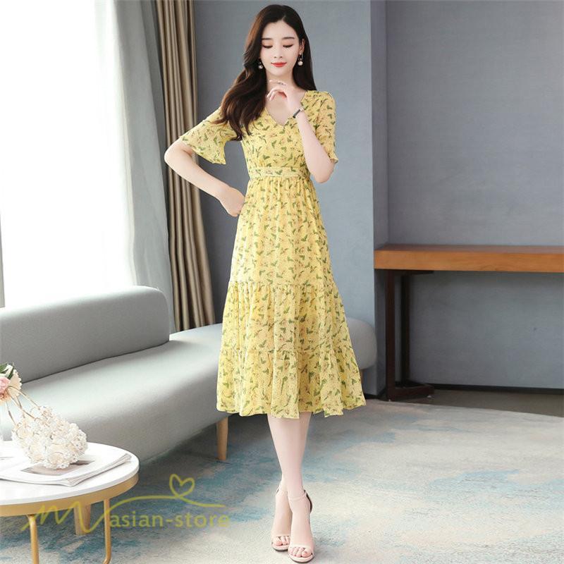 ミディアム | ワンピース Aライン レディース 着痩せ 上品 カジュアル Vネック カジュアル 春 夏 花柄 きれいめサマー ワンピース 通勤 通学 ソフト 膝丈 大人 お出かけ