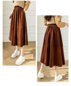 スカート | ロングミモレ丈 Aラインフレアビロードウエストゴム ハイウエスト 秋冬 無地 ゆったり 大人 通学通勤 エレガント