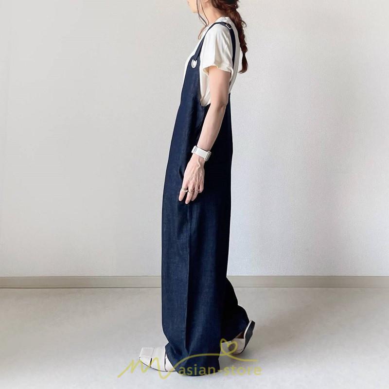 オーバーオール サロペット | サロペット レディース デニムサロペット デニムパンツ 大人 無地 ひも調整可 ワイドパンツ ストレート Denim デニム Vネック カワイイ ノースリーブ 通学通勤