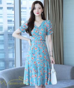 ミディアム | ワンピース レディース 着痩せ 半袖 花柄 きれいめ ミディアムワンピース カジュアル 膝丈 タック カジュアルワンピース おしゃれ サマーワンピース Vネック