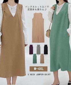 マキシ | ワンピース ジャンパースカート ジャンスカ 深Vネック ロングワンピース Vネック スリット入りロングワンピース ノースリーブ 30代40代 オフィス 大人