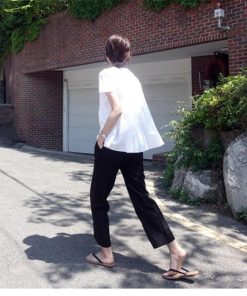 ｔシャツ・カットソー | Tシャツ レディース トップス 夏 半袖 可愛い 無地 切り替え 後ろプリーツ 黒 プルオーバー 体型カバー シンプル OL 大人 夏服 サマー