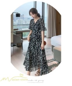 マキシ | ワンピース レディース マキシワンピース 小花柄 Vネック 半袖 5分袖 サマーワンピース シフォン Aラインワンピース 春 エレガント 夏 ウエストゴム ロング丈