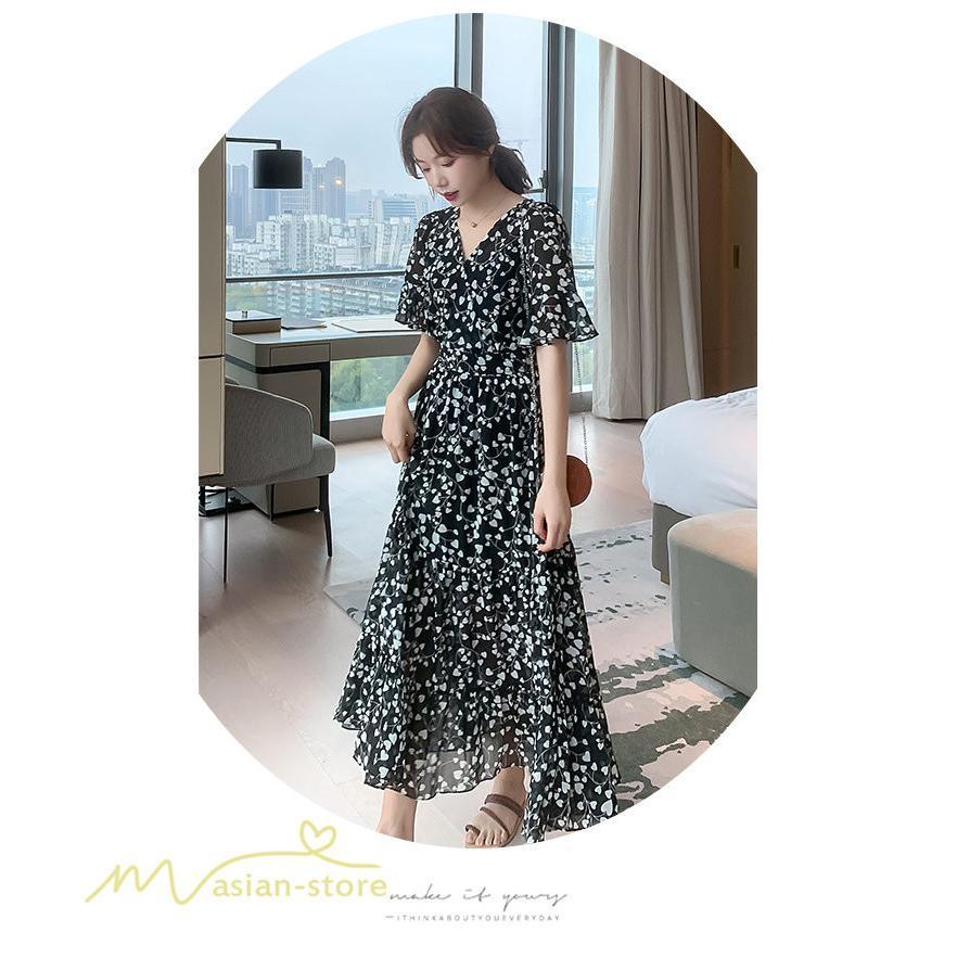 マキシ | ワンピース レディース マキシワンピース 小花柄 Vネック 半袖 5分袖 サマーワンピース シフォン Aラインワンピース 春 エレガント 夏 ウエストゴム ロング丈