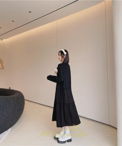 マキシ | 切り替えワンピース 長袖ワンピース 大きいサイズ ゆったり 体型カバー 黒ワンピース プリント ちょう 30代50代 かわいい 秋物 大人40代 レディース