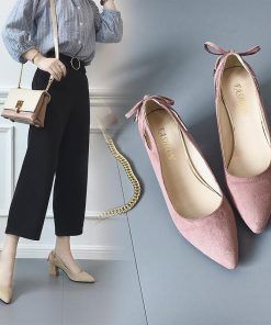 パンプス | スエード調 ポインテッドトゥ チャンキーヒール スエード太ヒール ストラップなし スリップオン バックリボン 無地 大きいサイズ ミドル