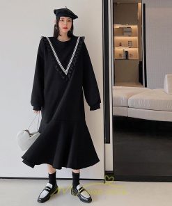 マキシ | スウェットワンピース 秋冬 レディース ロングワンピース ロングスウェット 裾切り替え 長袖ワンピース 30代60代 ゆったり 大人40代 黒ワンピース 大きいサイズ
