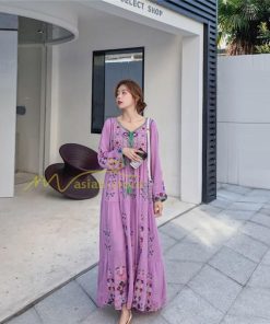 マキシ | ワンピース リゾートワンピ レディース ボヘミア風　休暇 長袖 無地 マキシ丈 復古風 上品 体型カバー  ブラック　パプール 花柄 Vネック 刺繍 ホワイト