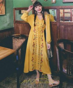 マキシ | ワンピース レディース ロング丈 サマードレス 花柄 リゾートワンピ Aライン 長袖 体型カバー ママ 大人 ゆったり 夏秋 Ｖネック 着痩せ 綿麻 刺繍 旅行 SNS映え