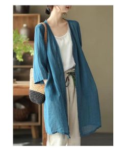 カーディガン | レディース リネン 麻混 ロング 春 秋 ゆったり 7分袖 40代 50代 無地 4色 冷え防止 透け感 羽織 初秋 30代 秋大きいサイズ 20代