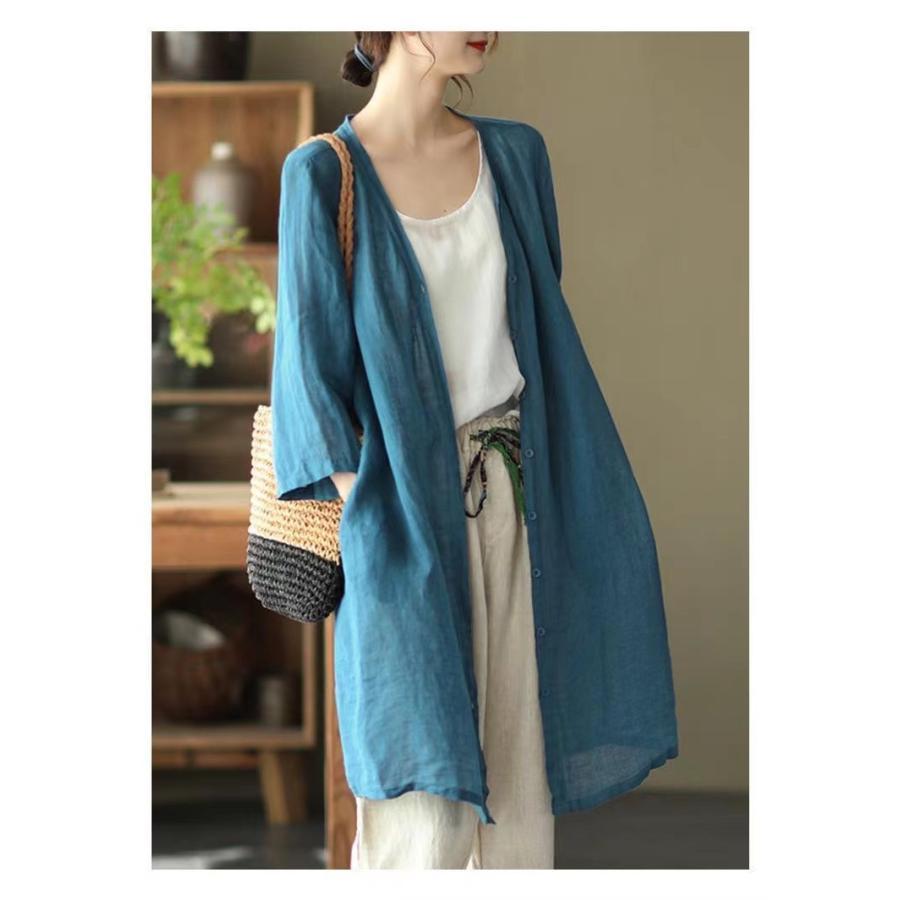 カーディガン | レディース リネン 麻混 ロング 春 秋 ゆったり 7分袖 40代 50代 無地 4色 冷え防止 透け感 羽織 初秋 30代 秋大きいサイズ 20代