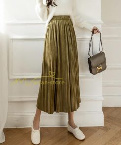 スカート | プリーツロングミモレ丈 ビロードAラインウエストゴム ハイウエスト 秋冬 無地 ゆったり 通学通勤 大人