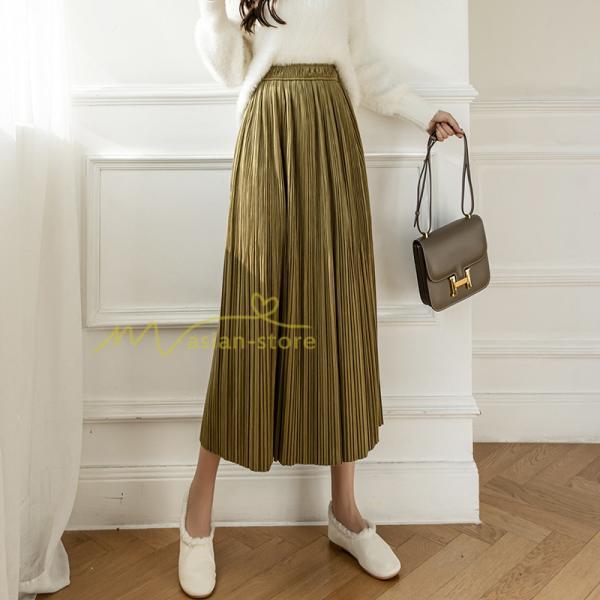 スカート | プリーツロングミモレ丈 ビロードAラインウエストゴム ハイウエスト 秋冬 無地 ゆったり 通学通勤 大人