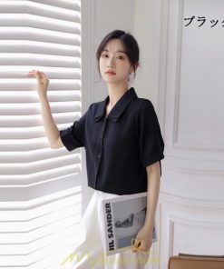 シャツ・ブラウス | トップス ブラウス 半袖 シャツ レディース オフィス フォーマル 白 黒 開襟 二重襟 バブルスリーブ 着痩せ フランス風 仕事服 クラシック 無地 通勤 大人 上品