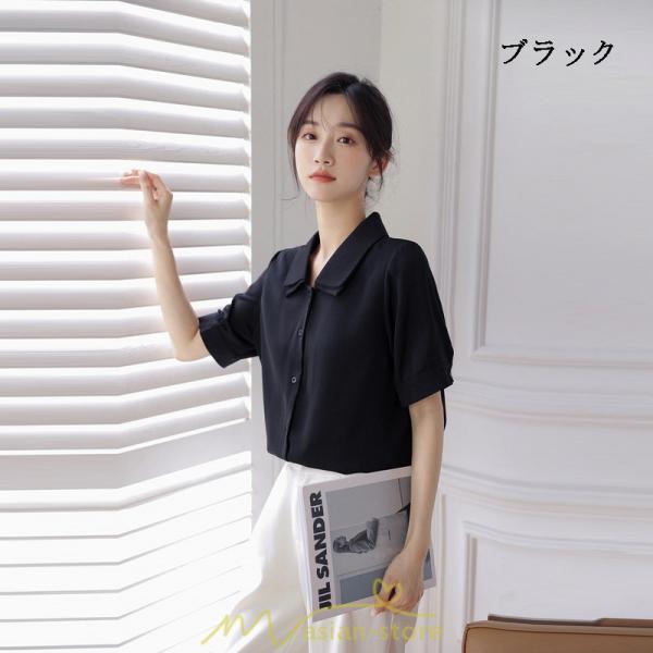 シャツ・ブラウス | トップス ブラウス 半袖 シャツ レディース オフィス フォーマル 白 黒 開襟 二重襟 バブルスリーブ 着痩せ フランス風 仕事服 クラシック 無地 通勤 大人 上品