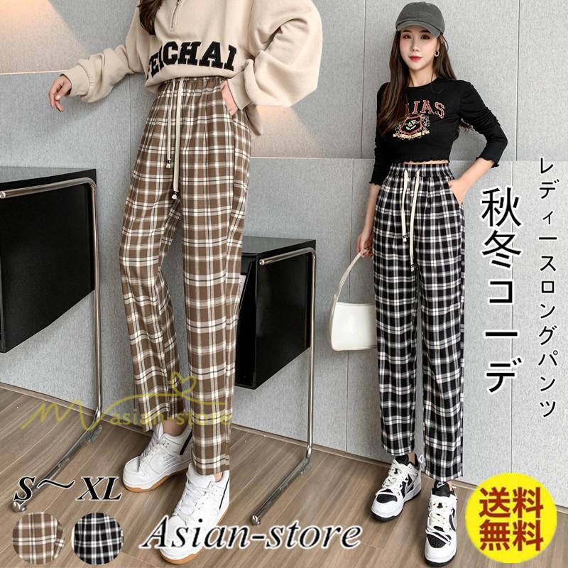 ワイドパンツ | レディース パンツ ゆったり 秋冬 コーデ カジュアル チェック柄 20代 30代 着痩せ 体型カバーロング丈 お出かけ ウエストゴム 50代 40代