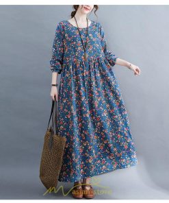 マキシ | ワンピース レディース 大きいサイズ 長袖 ロング丈 マキシ丈 丸首 コットン 花柄 青 夏 秋 体型カバー 着痩せ ゆったり ポケット 美シルエット 広がる裾 通勤