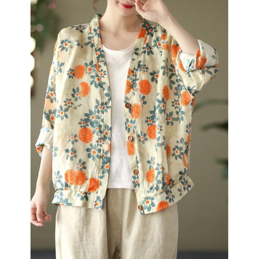 カーディガン | 麻混 レディース 花柄 初秋 リネン カジュアル Vネック 長袖 羽織 きれいめ 春 夏 秋 薄手 おしゃれ 40代50代 ゆったり 20代30代 大きいサイズ