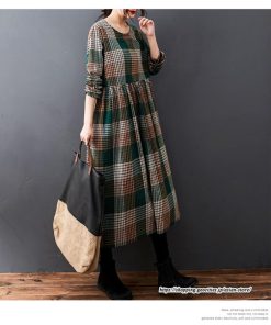 マキシ | チェック柄ワンピースリネン風 長袖ワンピース 30代レディース秋物長袖 綿麻風 ゆったり ゆるシルエット 大人 可愛い 通学通勤 リネンワンピ チェック柄 50代