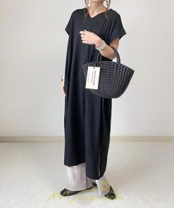 マキシ | 夏ワンピース 半袖ワンピース ロングワンピース 半袖 夏服 レディース 無地 サイドスリット Vネック 大きい ゆったり 白 黒 50代 30代40代 ポケット 可愛い