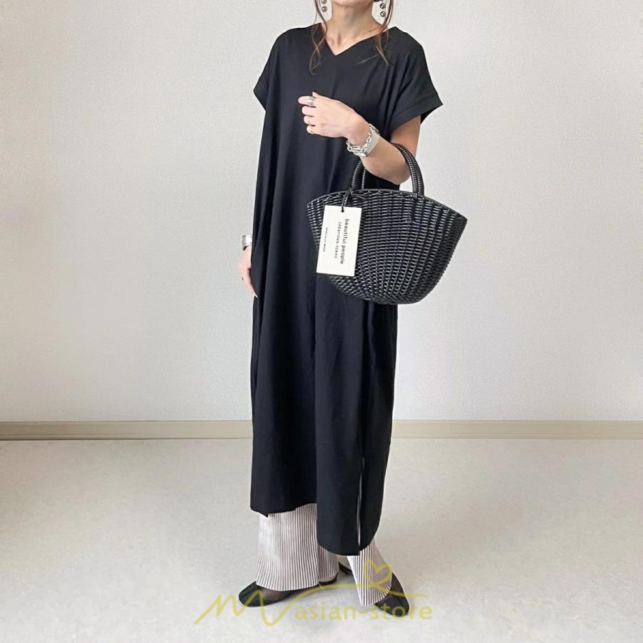 マキシ | 夏ワンピース 半袖ワンピース ロングワンピース 半袖 夏服 レディース 無地 サイドスリット Vネック 大きい ゆったり 白 黒 50代 30代40代 ポケット 可愛い