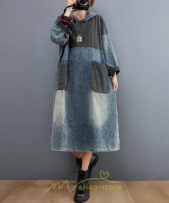 デニムワンピース | ワンピース デニム レディース 40代 ロング チュニック 長袖 ゆったり 体型カバー フード付き ポケット 切り替え 大きいサイズ