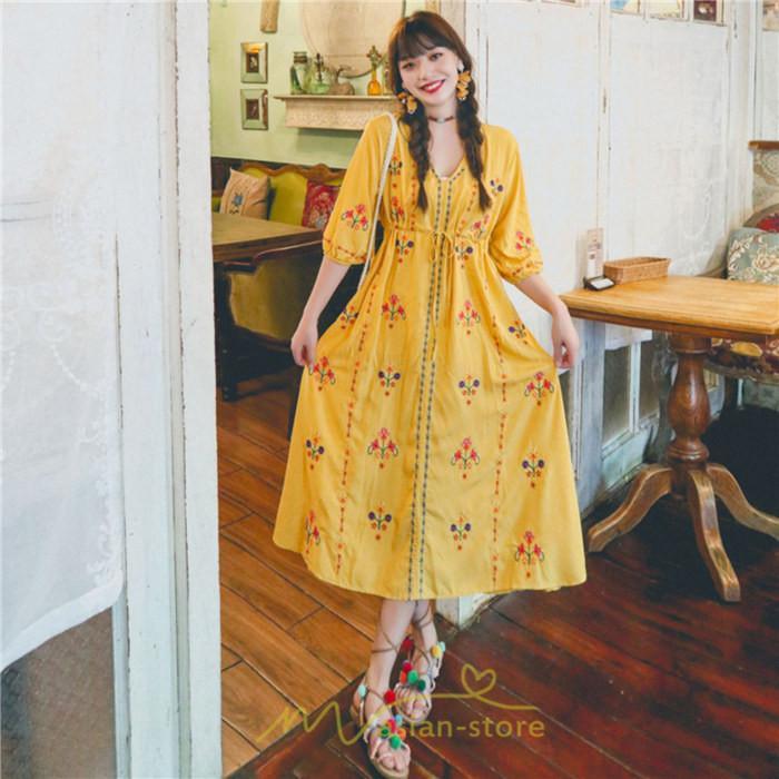 マキシ | ロング丈ワンピース レディース 花柄 Aライン 七分袖 ロング丈 ゆるシンプル きれいめ Vネック カジュアル 細見え 白 リゾート 黄色 上品 華やか 旅行