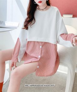 パーカー | 重ね着風トレーナー レディース 長袖 トップス カジュアル スウェット ストライプ柄 ゆったり トレーナー トップス きれいめ レイヤード風 可愛い 切り替え