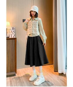 スカート | コーデュロイ台形秋冬 Aライン バッグゴム サイドポケット リブ 広い裾幅 通学通勤 オフィス ミモレ丈 可愛い ロング丈 低身長