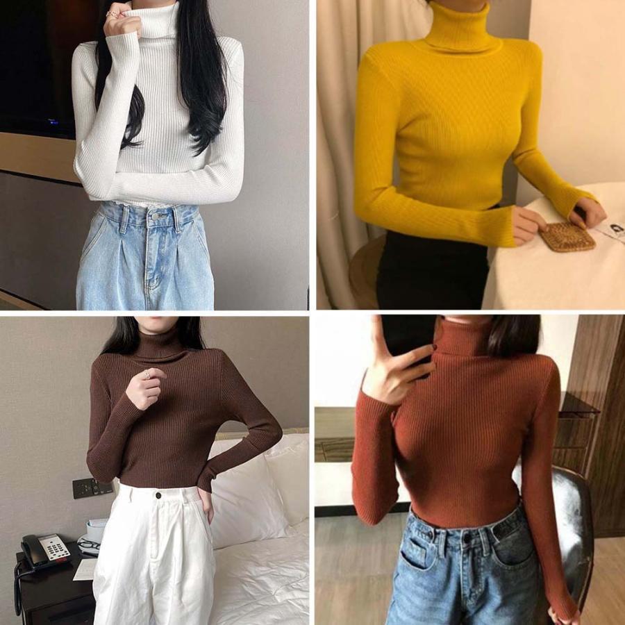 ニット・セーター | リブ ニットトップス タートルネック無地