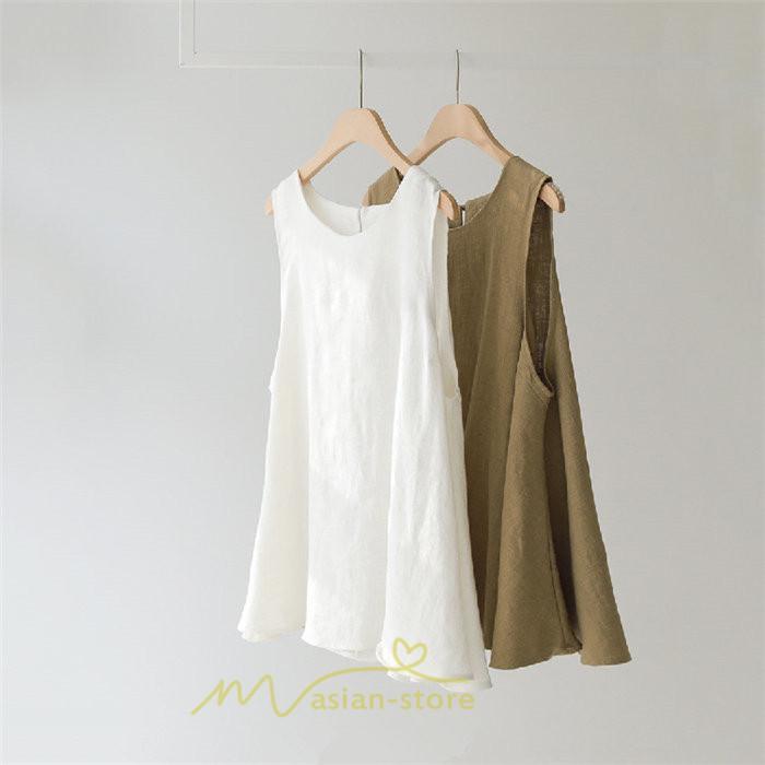 シャツ・ブラウス | ブラウス トップス ノースリーブ レディース tシャツ タンクトップ ベルト付き 広い裾 フレア裾 涼しい 涼感 体型カバー ゆったり 綿麻 夏 おしゃれ 大人 無地