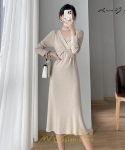 ニットワンピース | 二ットワンピース レディース ニットワンピ Vネック 長袖 トップス チュニック ロング丈 ミモレ丈 着痩せ 秋 冬 コーデ 20代30代40代 フェミニン 上品 大人