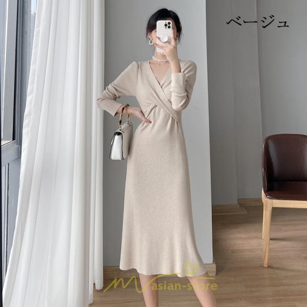 ニットワンピース | 二ットワンピース レディース ニットワンピ Vネック 長袖 トップス チュニック ロング丈 ミモレ丈 着痩せ 秋 冬 コーデ 20代30代40代 フェミニン 上品 大人