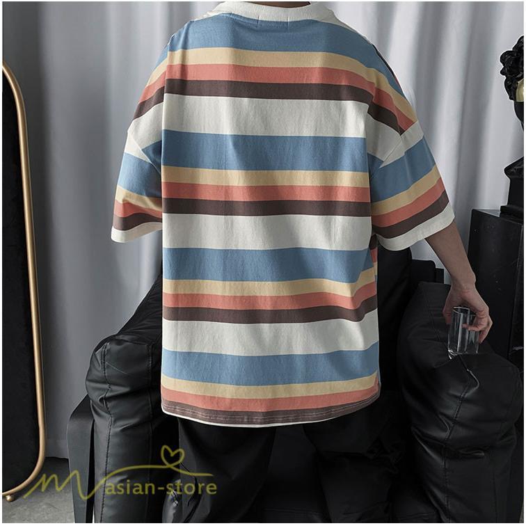 Tシャツ | カットソー メンズ ストライプ カジュアルクルーネック 5分袖 ワイドトップス メンズスタイル カッコウイイ 夏服 上品 日常感