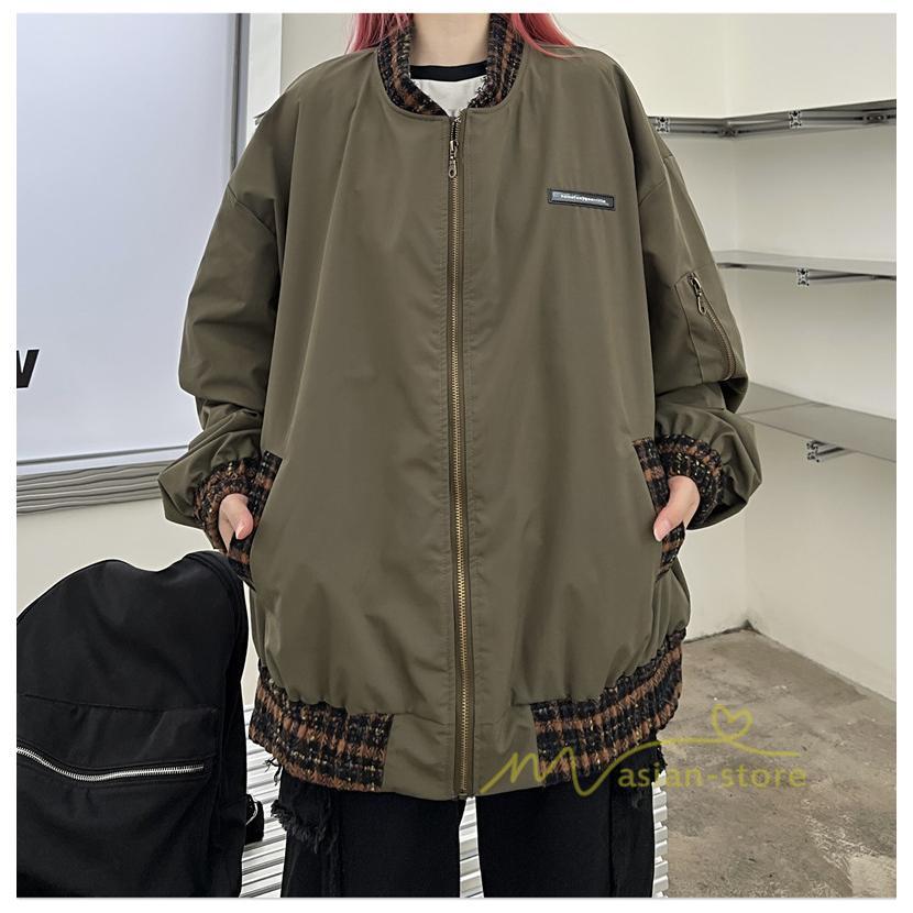 コート・ジャケット | ブルゾン レディース 秋 アウター ジャケット ジャンパー 上着 羽織り Oversize スタジャン メンズ 男女兼用 大きいサイズ 切り替え スタンドカラー