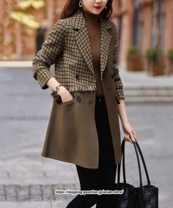 コート・ジャケット | テーラードジャケット レディース コート アウター 長袖 ミディアム丈 羽織り 春 秋 冬 切り替え チェック柄 カジュアル ダブルブレスト 着痩せ ラシャ 韓国風