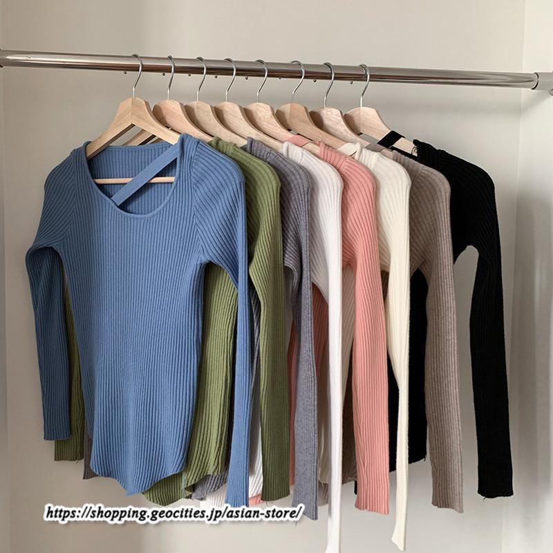 ニット・セーター | カットソー ニット レディース リブニット 長袖 秋冬 春 トップス スリム ストレッチ インナー 無地 通学通勤 着痩せ プルオーバー 長袖カットソー 長袖ニット