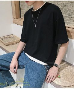 Tシャツ | メンズ 夏物 半袖 五分袖 フェイク レイヤード 重ね着 無地 おしゃれ プルオーバー オーバーサイズ しっかり ロングｔ 男 20代 カジュアル 30代