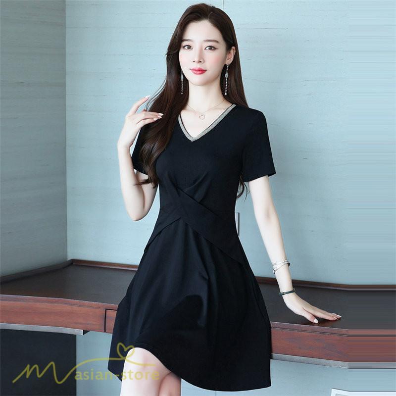 ミディアム | ワンピース Aライン レディース 着痩せ Vネック ひざ上丈 カジュアル 大きいサイズ 無地 きれいめ おしゃれ 春 夏 30代 新作 上品 サマーワンピース 40代 20代